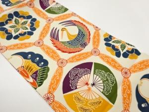 塩瀬型染七宝に鶴・扇模様開き名古屋帯（額縁仕立て）